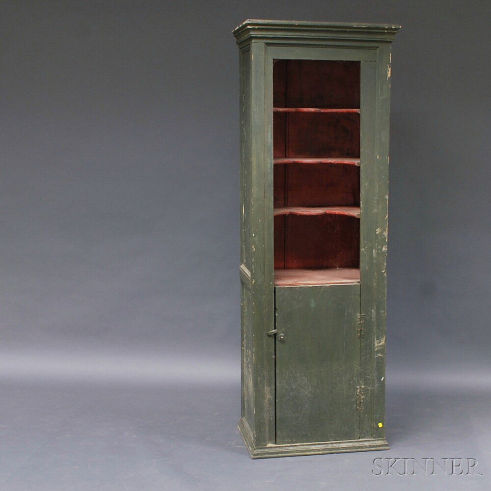 Appraisal: Green-painted and Paneled Open Chimney Cupboard America th century the