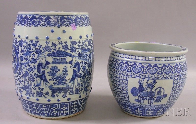 Appraisal: Chinese Export Porcelain Blue and White Garden Seat and Jardiniere