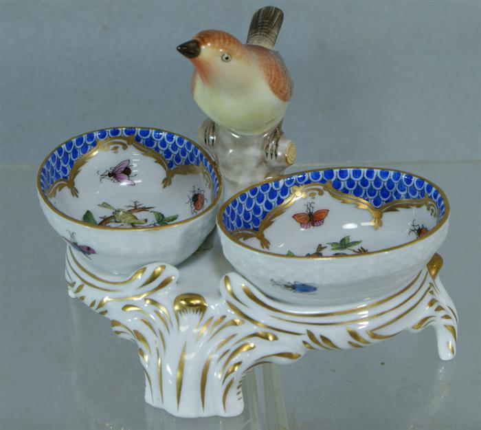 Appraisal: Herend Rothschild Blue Bird porcelain double salt with bird RO-EB