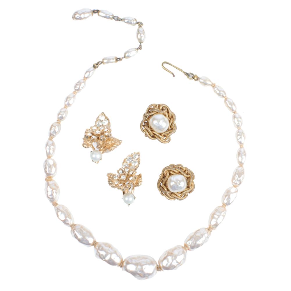 Appraisal: MIRIAM HASKELL GRADUATED FAUX PEARL NECKLACE AND EARRINGS WITH TREMBLER