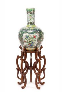 Appraisal: Large Chinese Famille Verte Bottle Vase w Stand Chinese Qing