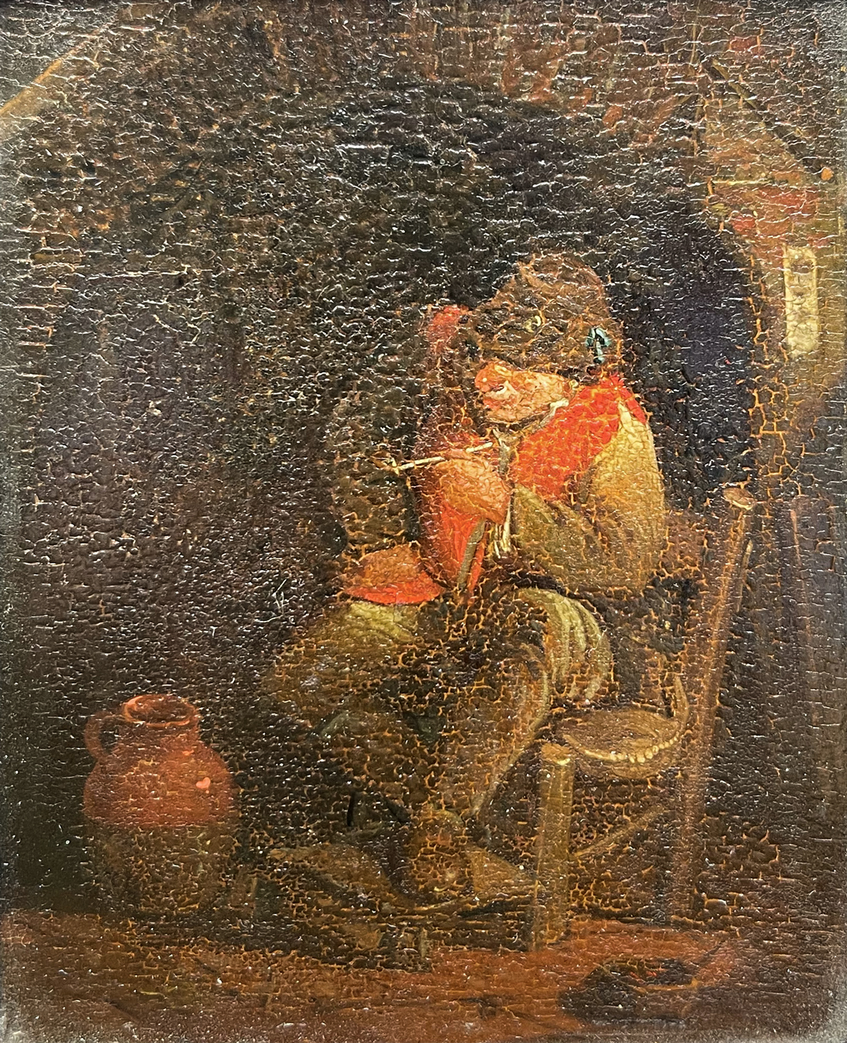 Appraisal: EARLY PAINTING INTERIOR SCENE WITH MAN DRINKING AND SMOKING PIPE