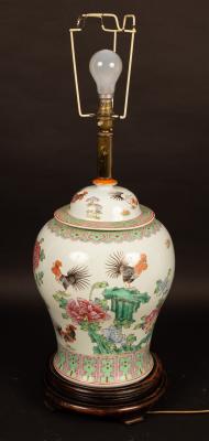 Appraisal: A Chinese style baluster vase and cover decorated chrysanthemums cockerels