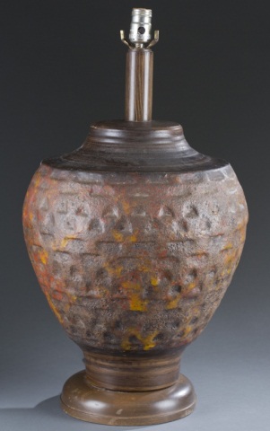 Appraisal: Textured Ceramic Lamp Orange and brown ceramic Lamp has original