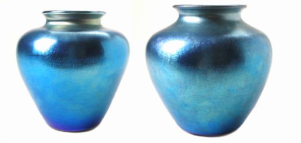 Appraisal: A near pair of Steuben blue Aurene glass vases early