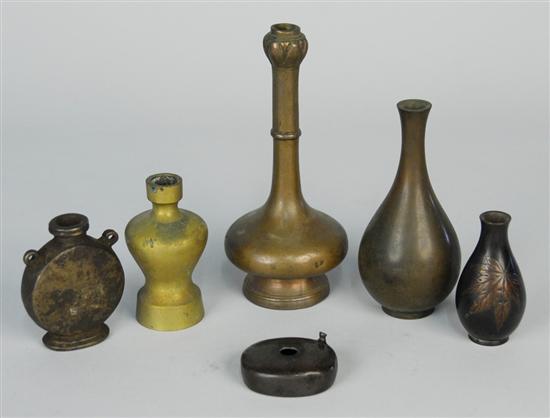 Appraisal: FIVE CHINESE METAL BOTTLE FORM VASES and a WATER DROPPER