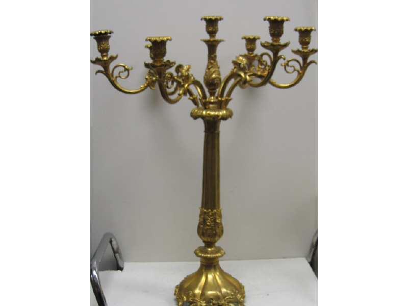 Appraisal: PAIR OF GILT BRONZE SEVEN-LIGHT CANDELABRA Rococo style each baluster