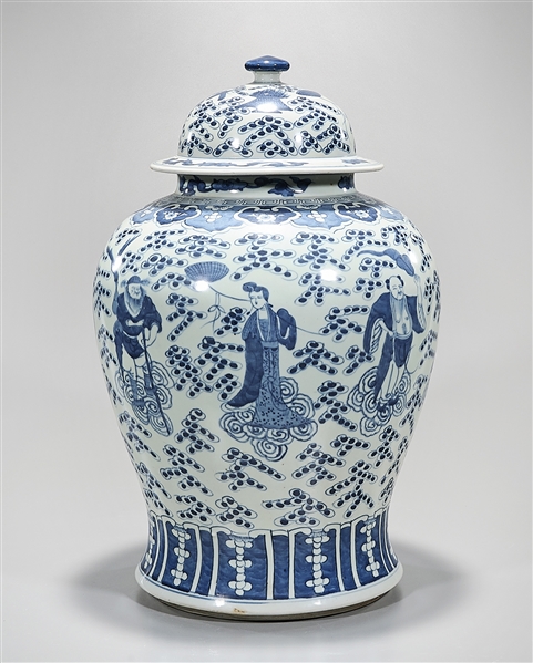 Appraisal: Chinese blue and white porcelain covered vase depicting various figures