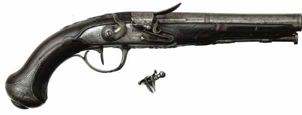 Appraisal: French Flintlock Pistol caliber bore dia '' cannon style barrel