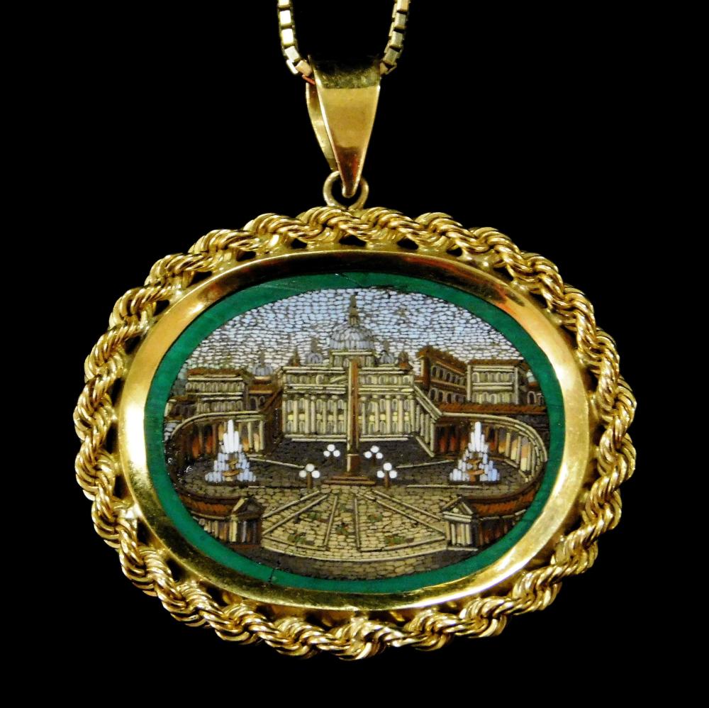 Appraisal: JEWELRY K MICROMOSAIC PENDANT ON CHAIN OVAL PENDANT FRAME WITH