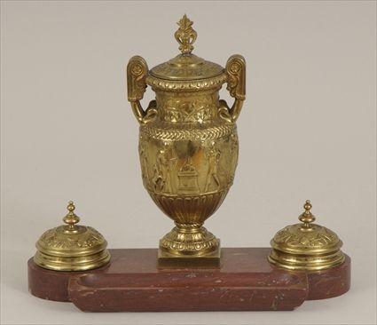 Appraisal: Neoclassical-Style Gilt-Metal and Rouge Marble Encrier x in