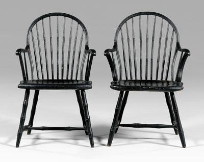 Appraisal: Assembled pair Philadelphia Windsor armchairs similar designs with spindle backs