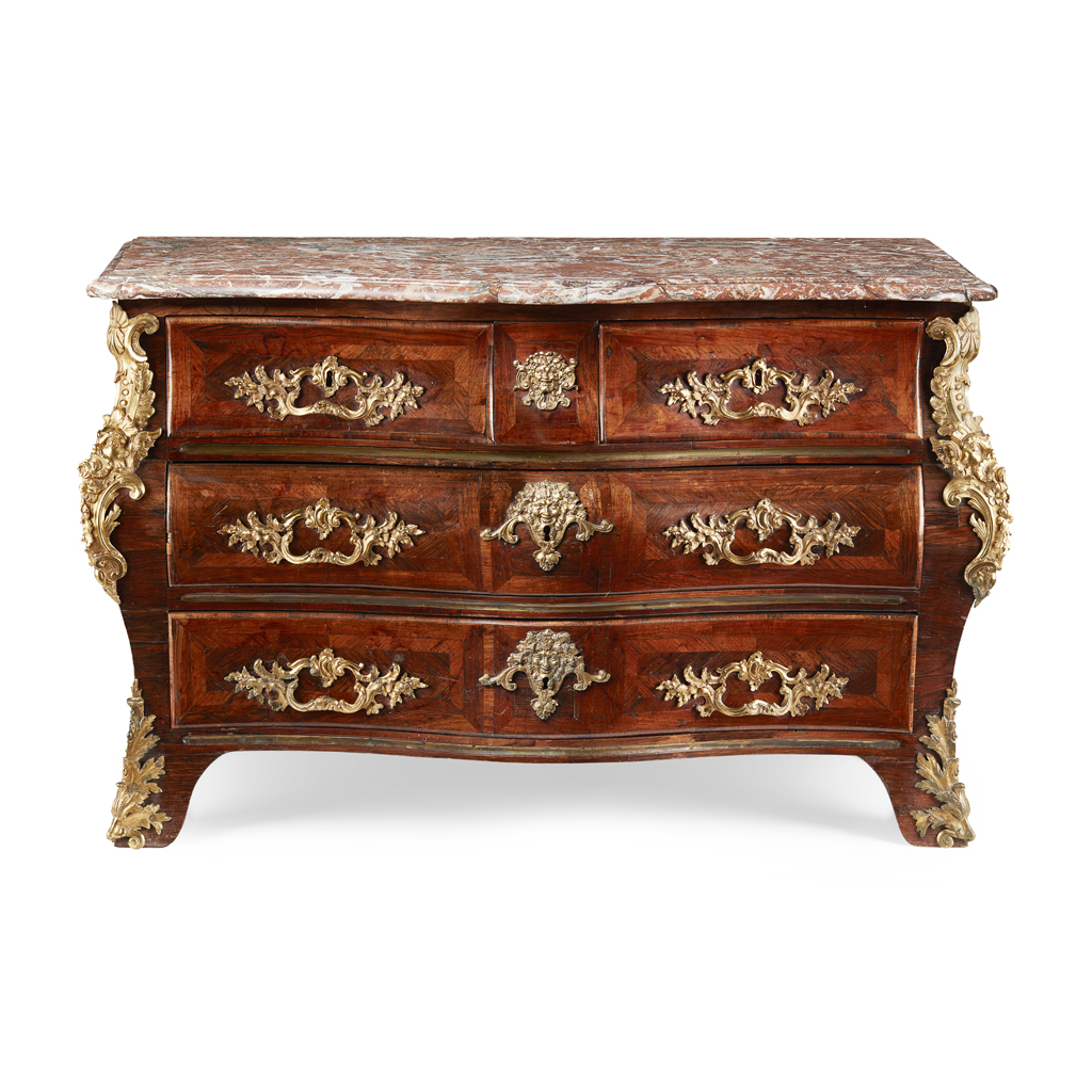 Appraisal: LOUIS XV KINGWOOD AND PARQUETRY MARBLE TOP SERPENTINE BOMBE COMMODE