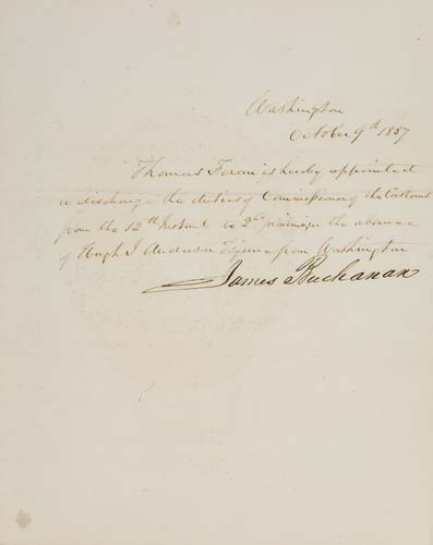 Appraisal: BUCHANAN JAMES Manuscript Document Signed as President appointing Thomas Feran