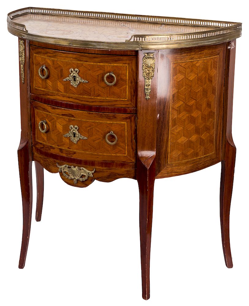 Appraisal: A MARBLE TOP MARQUETRY DEMILUNE HALL CONSOLE A MARBLE TOP