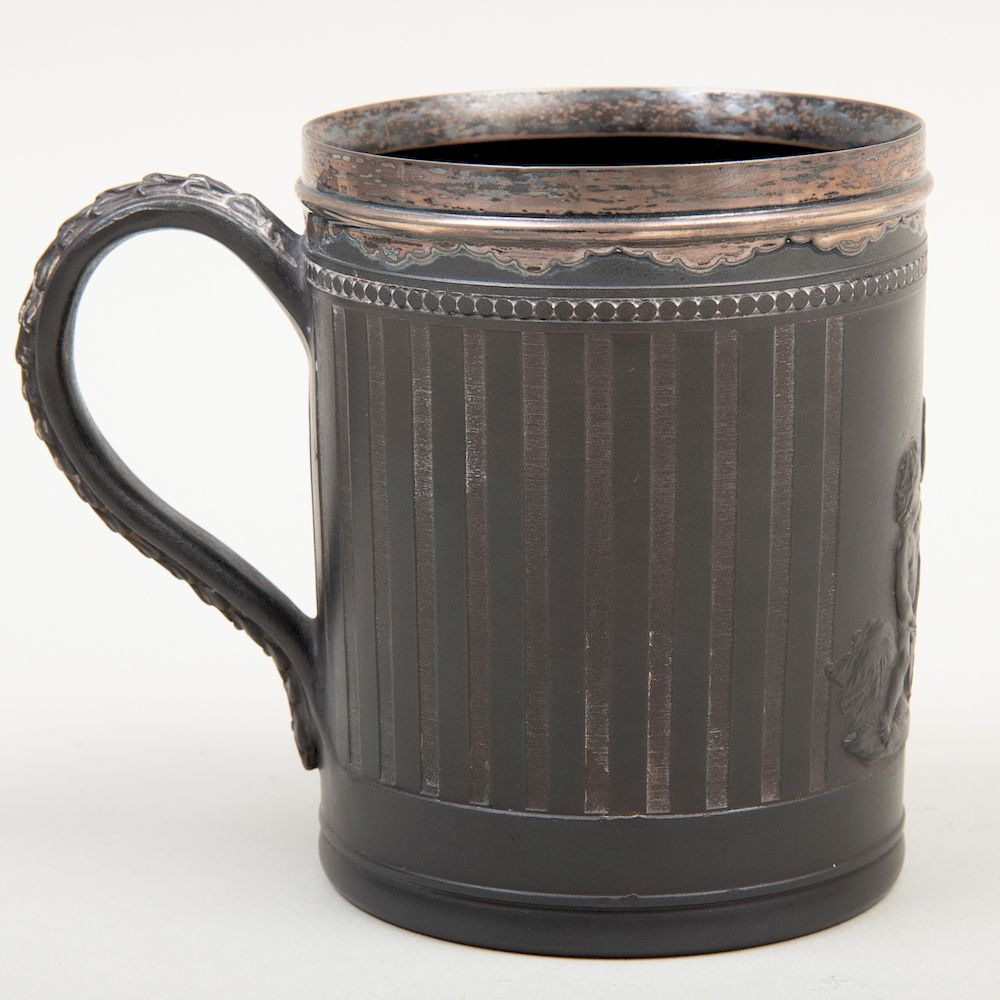 Appraisal: Wedgwood Black Basalt Silver-Mounted Tankard Impressed lowercase mark the silver