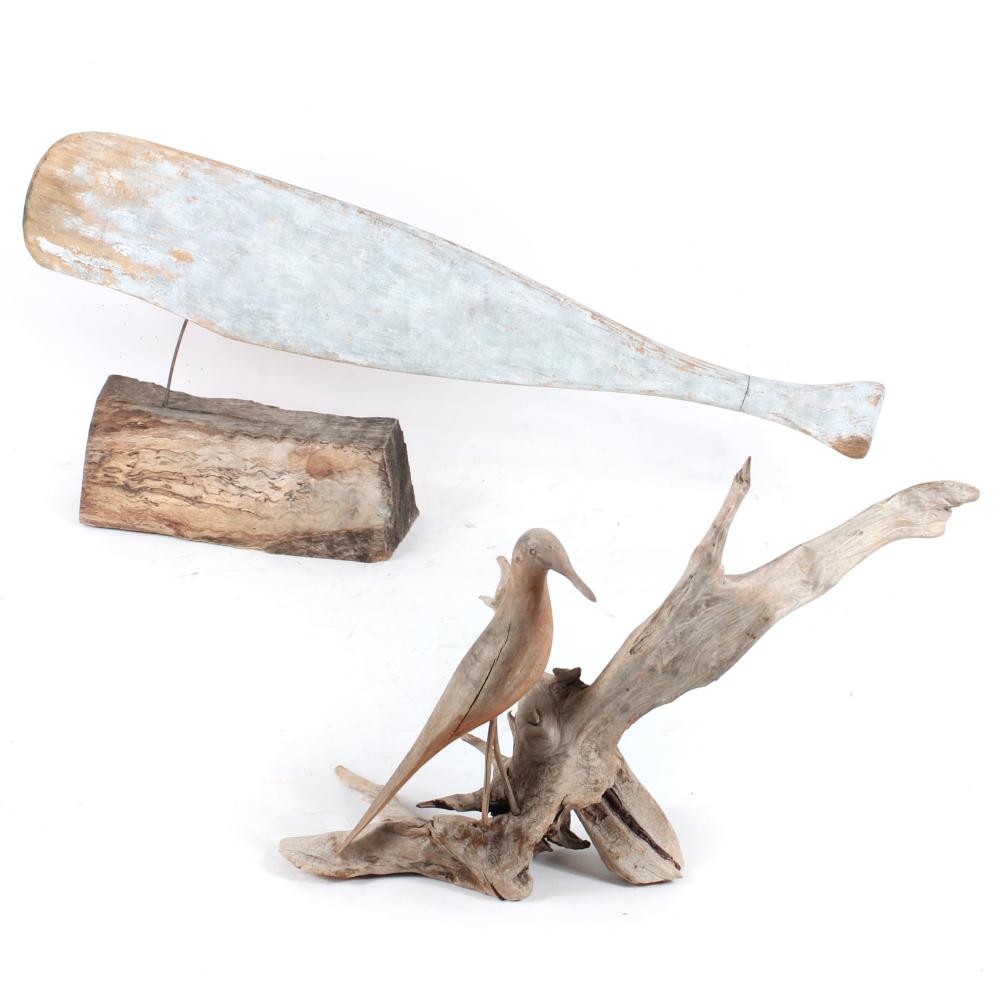 Appraisal: TWO VINTAGE PRIMITIVE MARINE SCULPTURES SHORE BIRD ON DRIFTWOOD AND