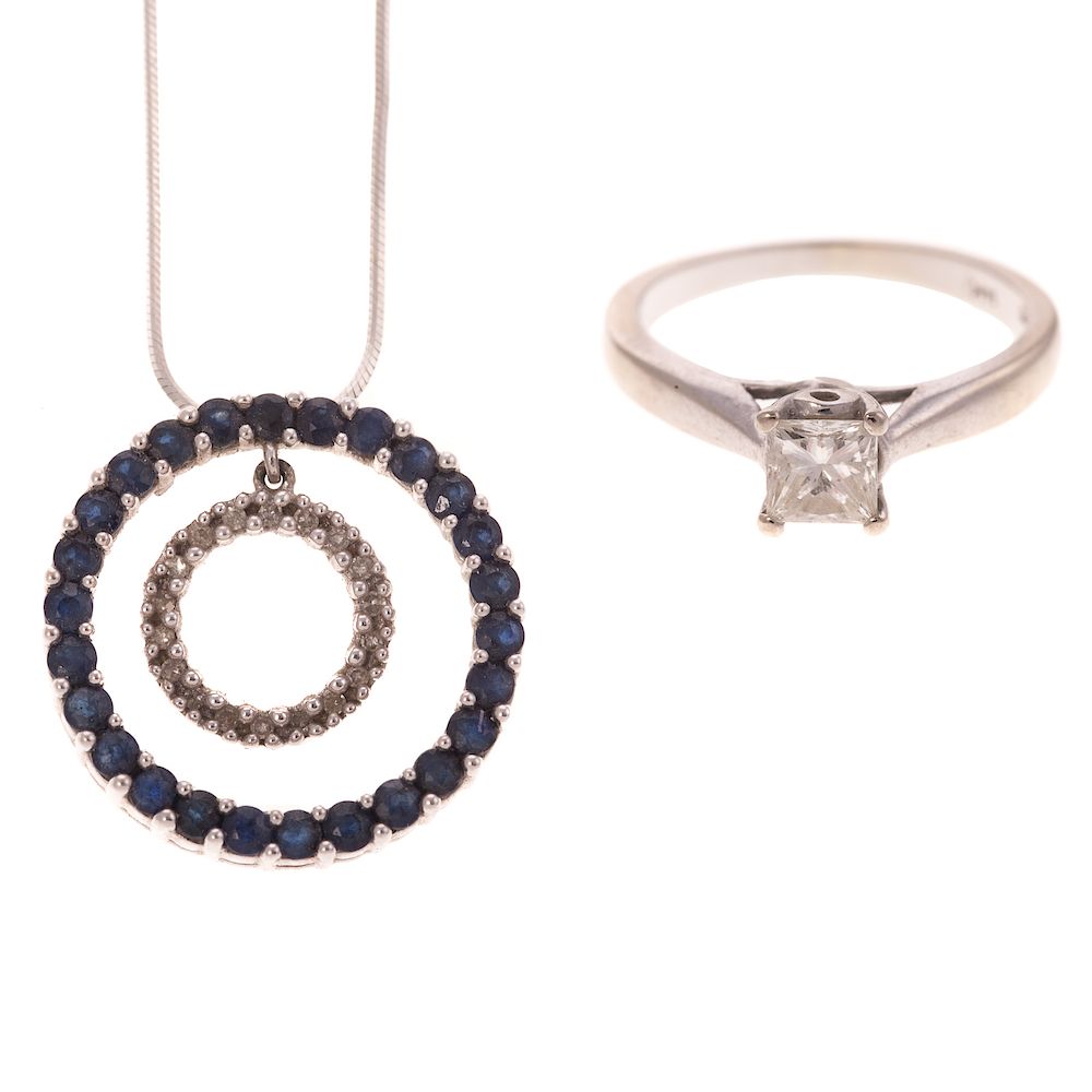 Appraisal: A Diamond Ring and Sapphire Diamond Pendant K white gold