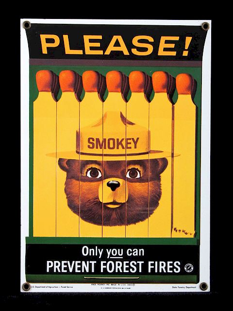 Appraisal: Smokey Bear U S Forest Service Porcelain Sign This is