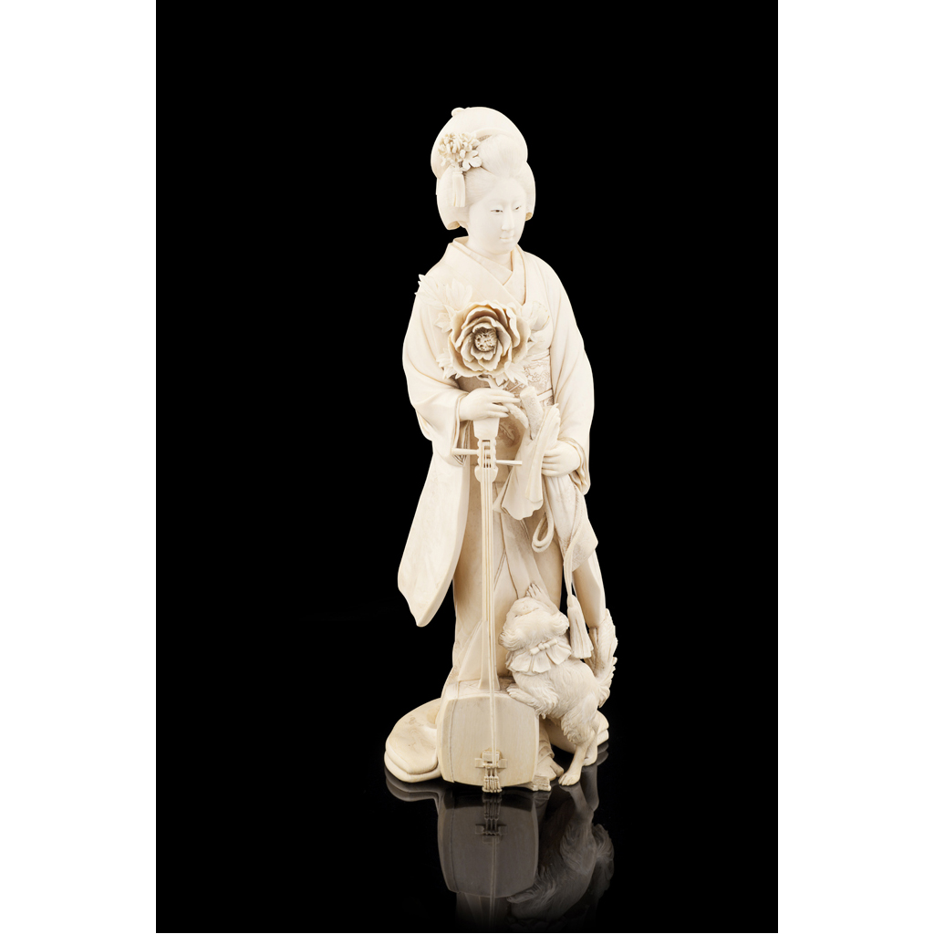 Appraisal: YLARGE JAPANESE CARVED IVORY OKIMONO OF A GEISHA SIGNED YOSHIDA