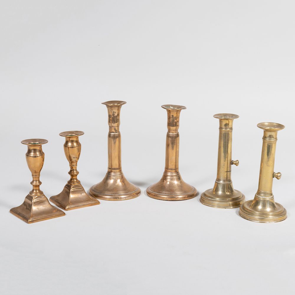 Appraisal: Three Pairs of Continental Brass Candlesticks Comprising A telescoping pair