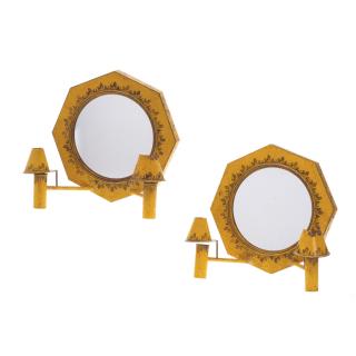 Appraisal: Pair French yellow tole mirrored sconces Pair French yellow tole