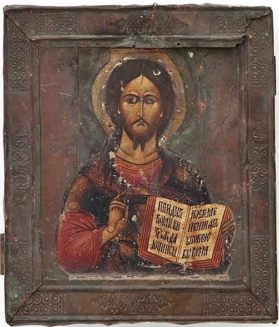 Appraisal: Russian icon th century CHRIST PANTOCRATOR oil on panel within