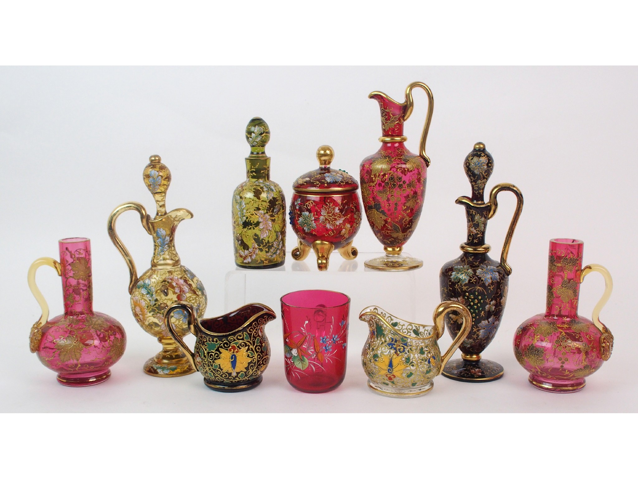 Appraisal: Ten Bohemian Moser enamelled glass vesselscirca comprising three ewer-form scent