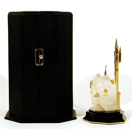 Appraisal: Gold and crystal castle-form pen holder Sheffield dated rock crystal