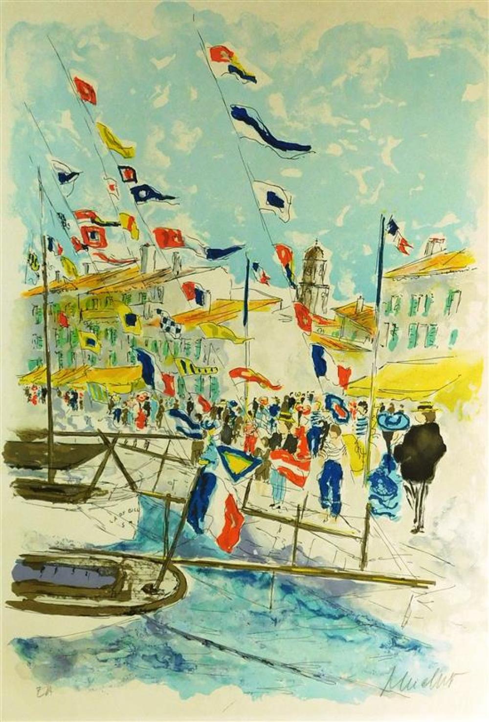 Appraisal: Urbain Huchet France b Bateaux voiles aux drapeaux Lithograph c