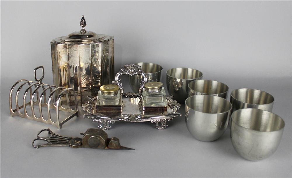 Appraisal: PLATED INKSTAND TEA CADDY AND SIX STIEFF PEWTER JEFFERSON CUPS