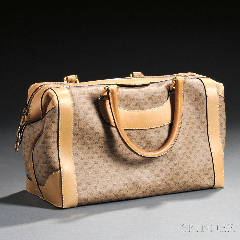 Appraisal: Gucci Coated Canvas and Tan Leather Handbag the rectangular body