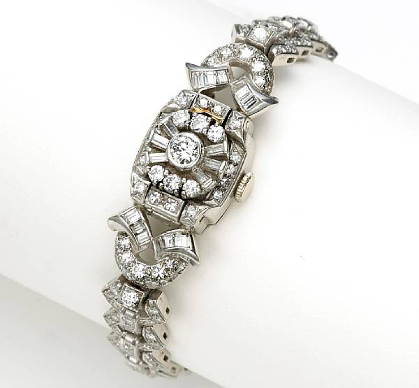 Appraisal: Hamilton A lady's platinum and diamond spring-covered bracelet wristwatch j