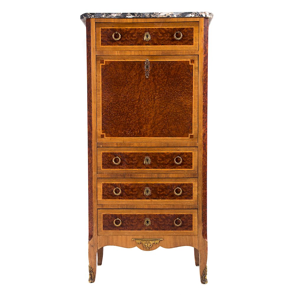 Appraisal: Louis XV style burl veneer secretaire a abattant third quarter