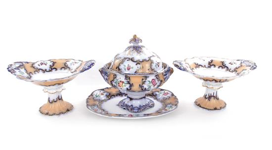 Appraisal: English decorated ironstone serving pieces th century floral and scrolling