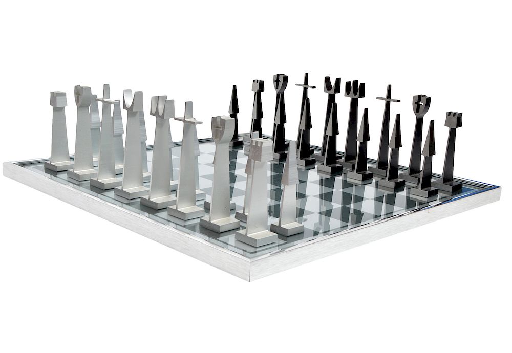 Appraisal: Austin E Cox Aluminum Chess Set Austin E Cox aluminum