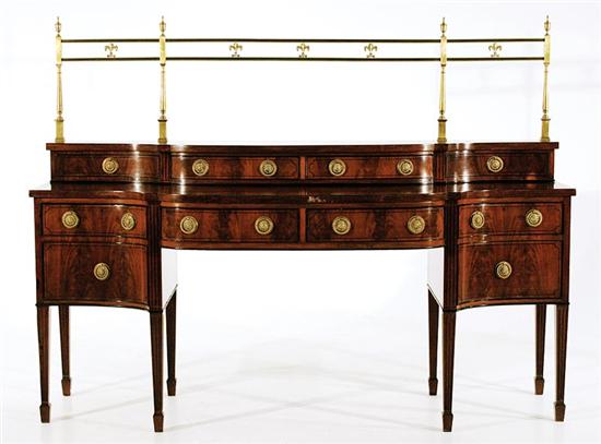 Appraisal: Scottish mahogany bowfront sideboard circa brass gallery surmounting shaped superstructure