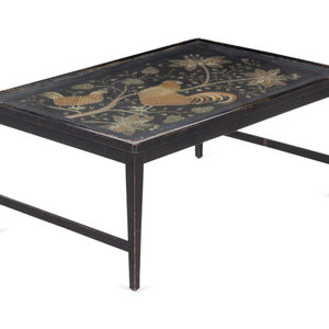 Appraisal: A Chinoiserie Decorated Vitrine Table Inset with an Embroidered Beadwork