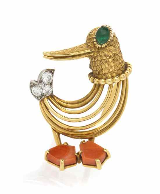 Appraisal: A Vintage Karat Yellow Gold Coral Emerald and Diamond Duck