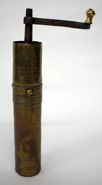 Appraisal: AN OLD BRASS AND IRON CYLINDRICAL COFFEE OR SPICE GRINDER