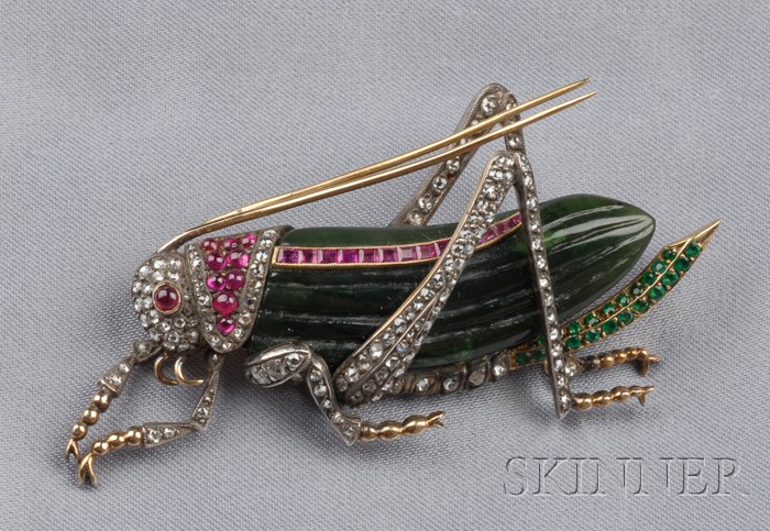 Appraisal: Nephrite Jade Diamond and Gem-set Insect Brooch the fluted jadeite