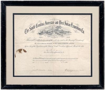 Appraisal: Charleston Exposition certificate headed quot The South Carolina Interstate and