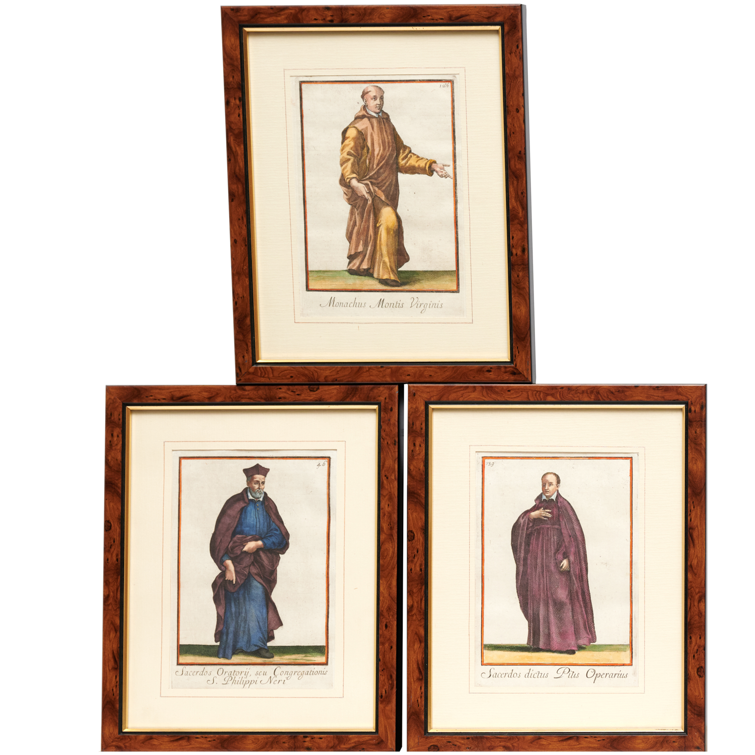 Appraisal: RELIGIOUS ORDER COSTUMES ENGRAVINGS TH C Three hand-colored engravings on