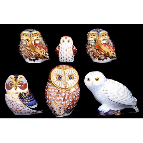 Appraisal: Six Royal Crown Derby Owl paperweights Snowy Owl Barn Owl