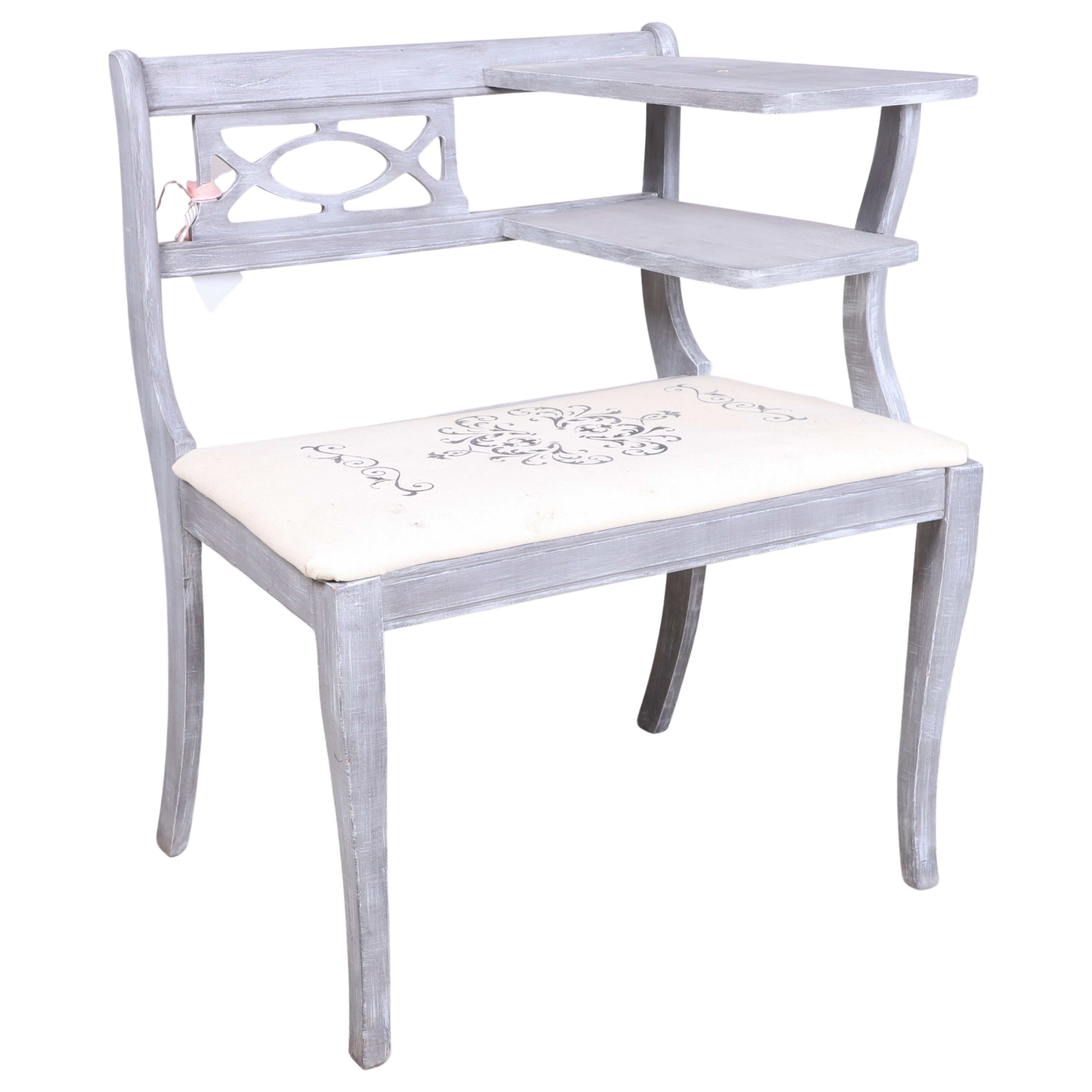 Appraisal: Paint decorated telephone bench distressed gray painted upholstered seat h