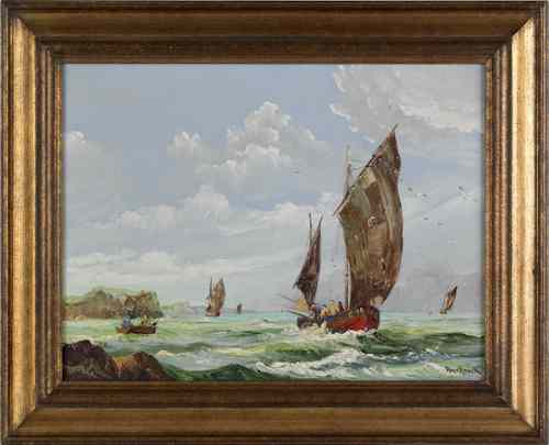 Appraisal: Oil on canvas seascape with sailboats th c signed lower