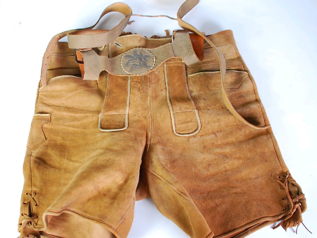 Appraisal: PAIR OF SUEDE LEATHER LEDERHOSEN SHORT TROUSERS the straps withy