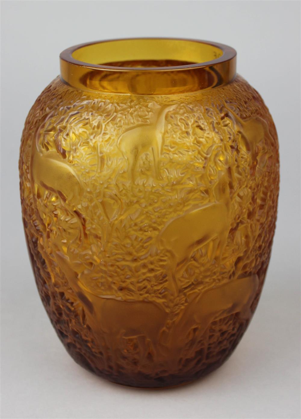 Appraisal: LALIQUE AMBER GLASS 'BICHES' VASE incised Lalique France and with