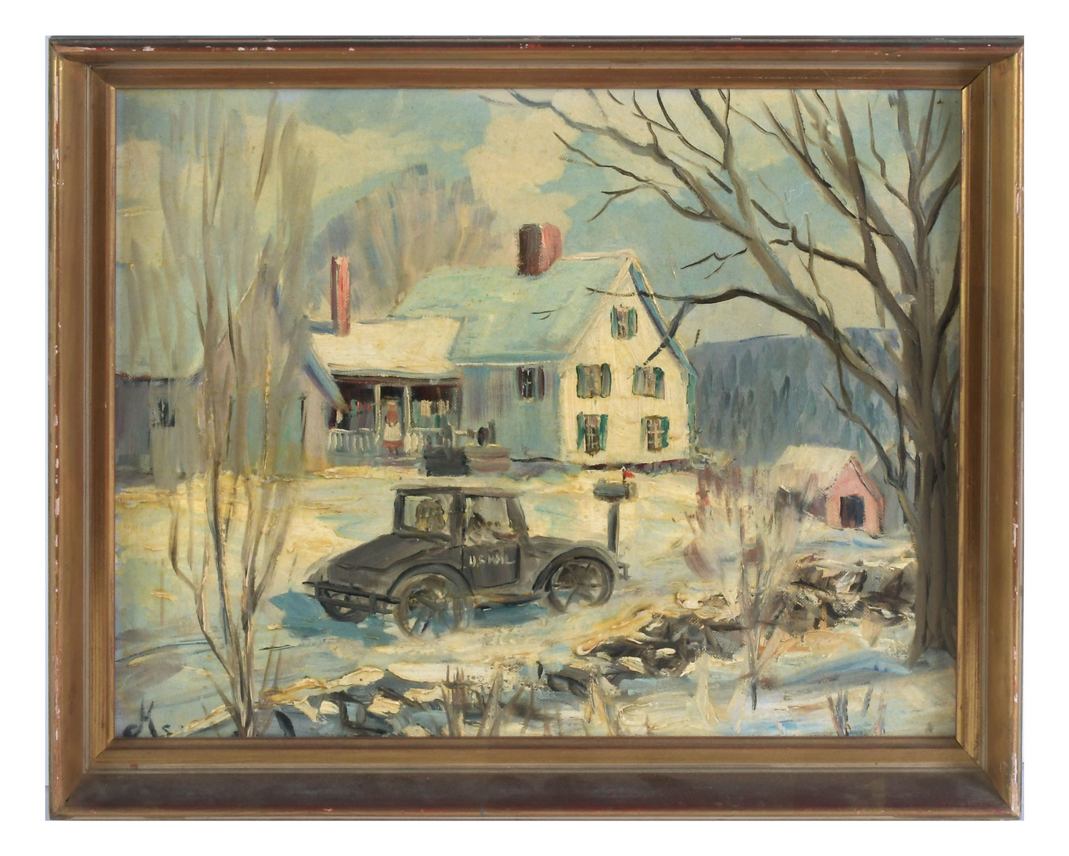 Appraisal: IMPRESSIONIST COUNTRY WINTER MAIL DELIVERY PAINTING Oil Canvasboard '' x