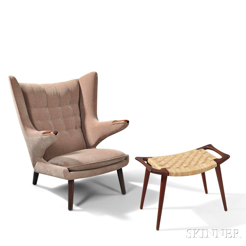 Appraisal: Hans Wegner Papa Bear Chair and Ottoman Teak upholstery caning